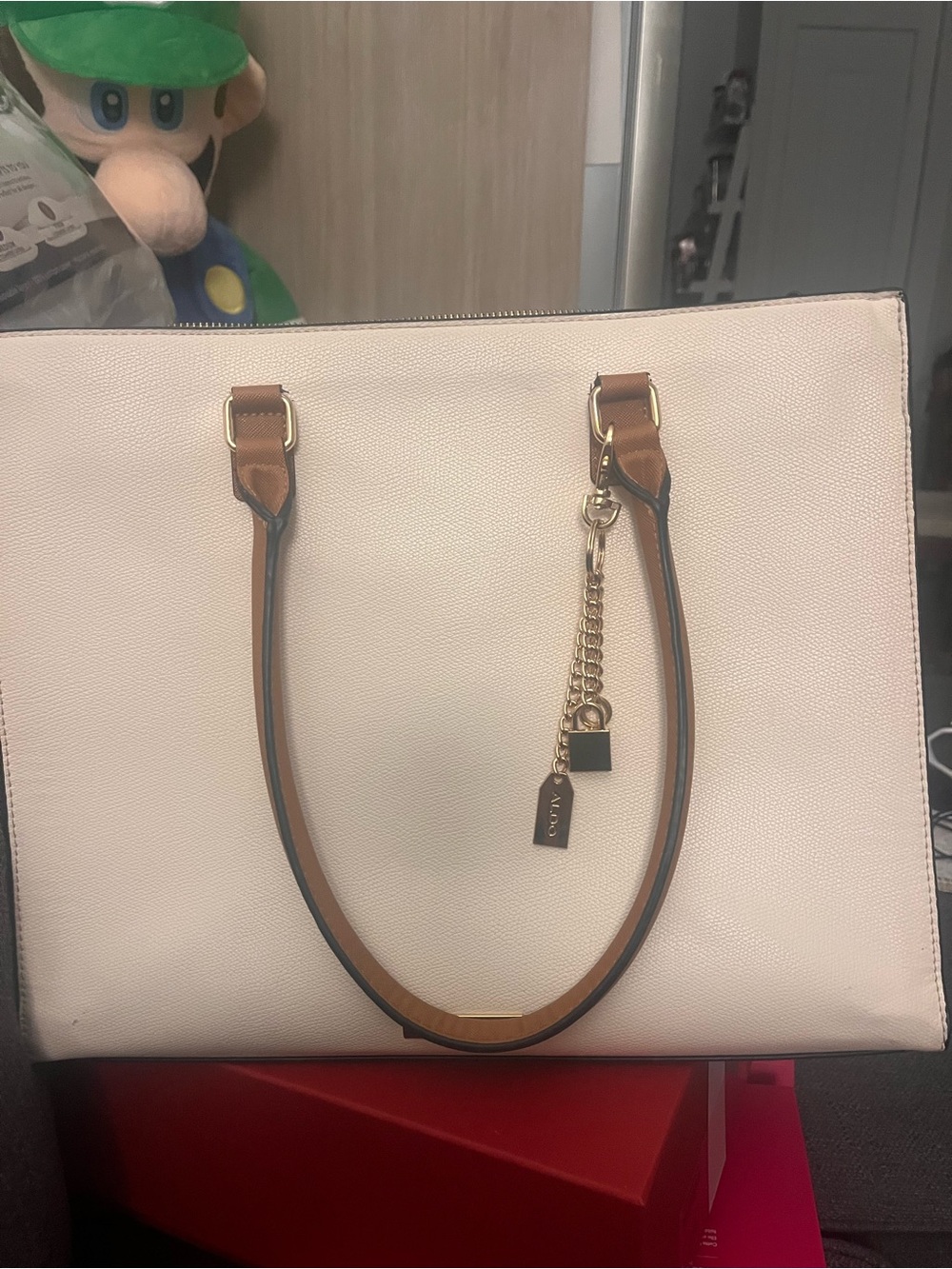 ALDO Colorblock Executive Tote Bag | Cream, Cognac & Black Faux Snakeskin Pocket - Picture 4 of 12